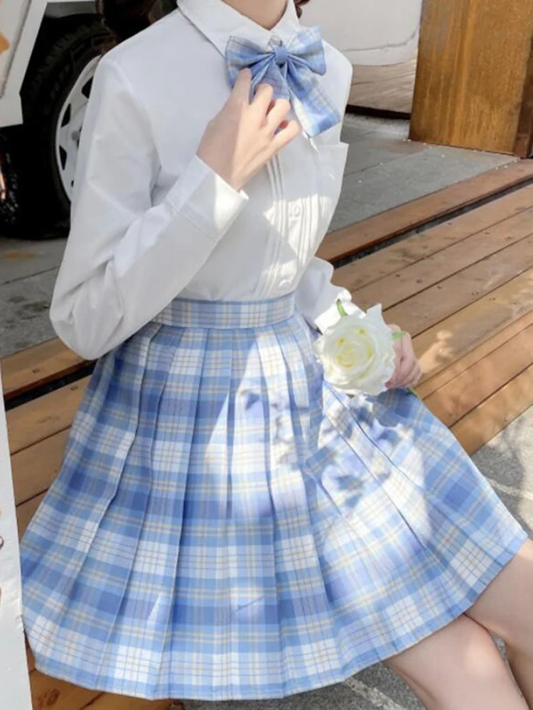 Plisowana spódniczka mini w kratę z kokardą Harajuku Niebieski
