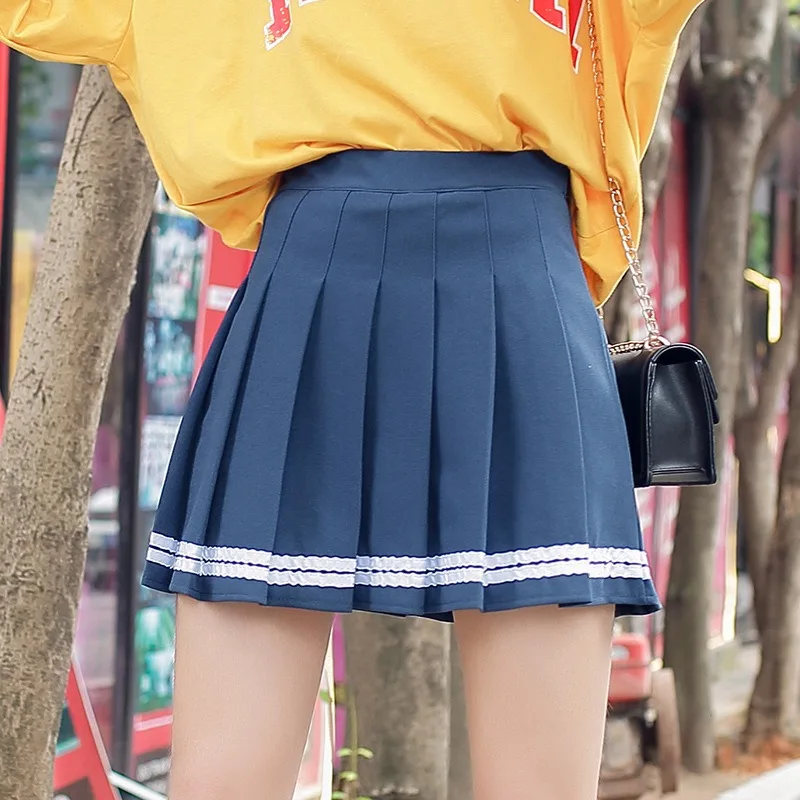 Plisowana spódniczka preppy w paski – koreańska moda szkolna Niebieski