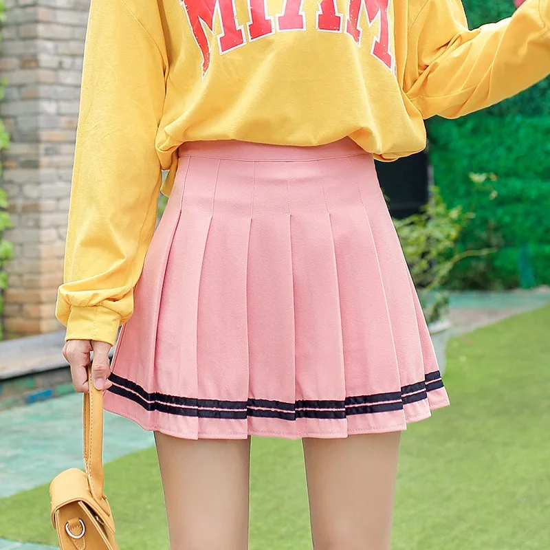 Plisowana spódniczka preppy w paski – koreańska moda szkolna Różowy