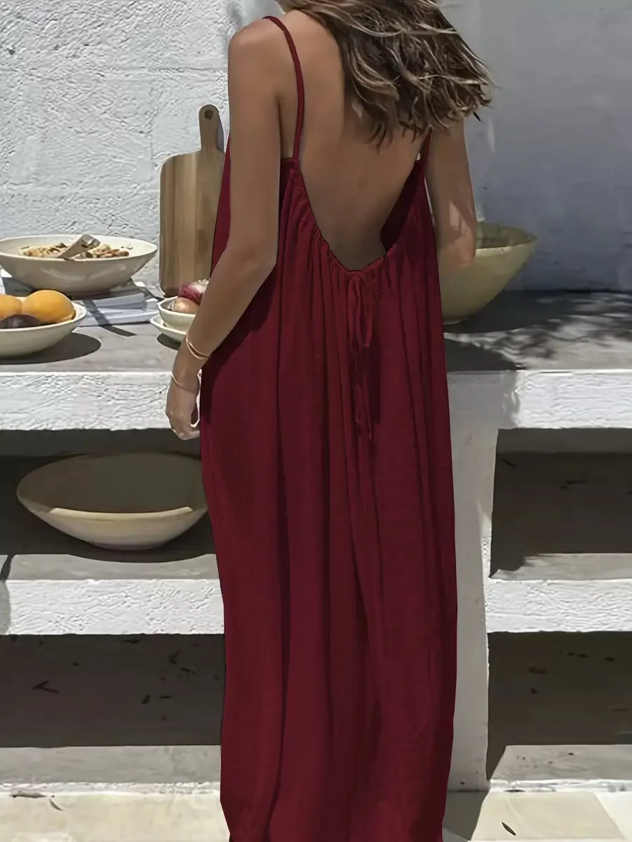 Plisowana sukienka maxi halter z odkrytymi plecami na plażę Błękitny