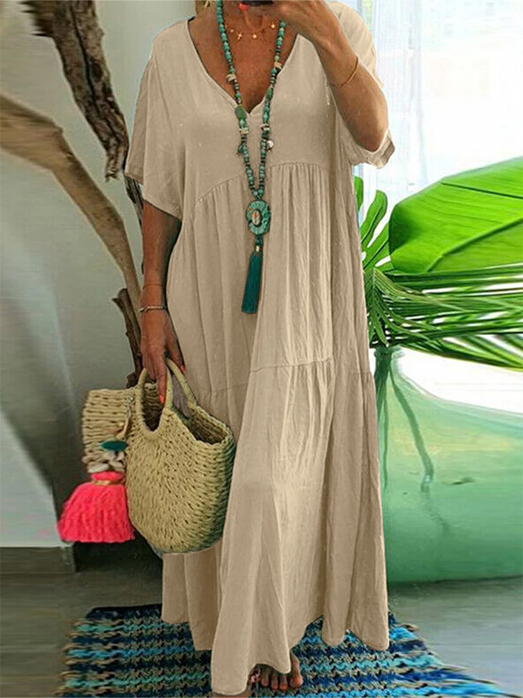 Plisowana sukienka maxi plus size z dekoltem V — zwiewna na lato Khaki