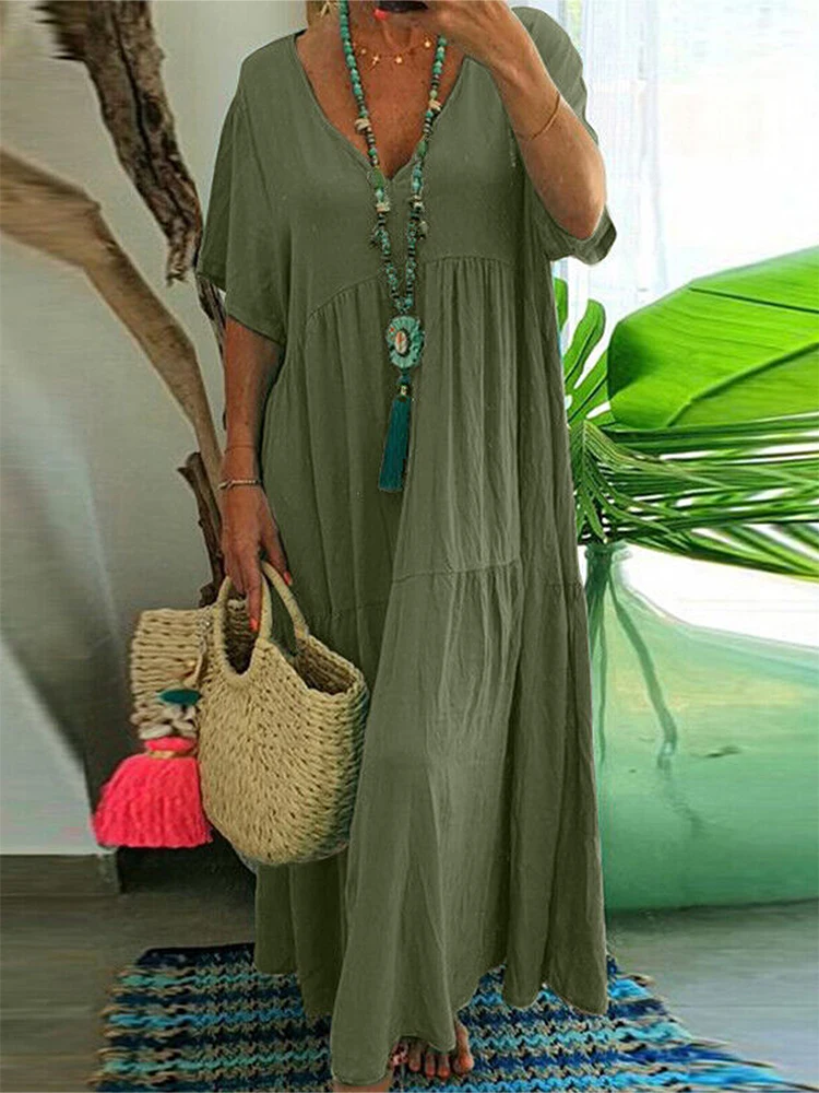 Plisowana sukienka maxi plus size z dekoltem V — zwiewna na lato Zielony