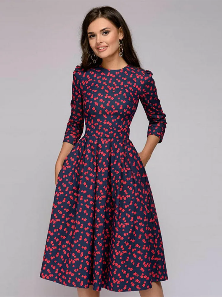 Plisowana tunika sukienka w stylu vintage z długim rękawem Czerwony