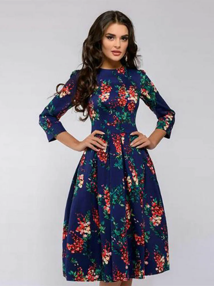 Plisowana tunika sukienka w stylu vintage z długim rękawem Fioletowo niebieski