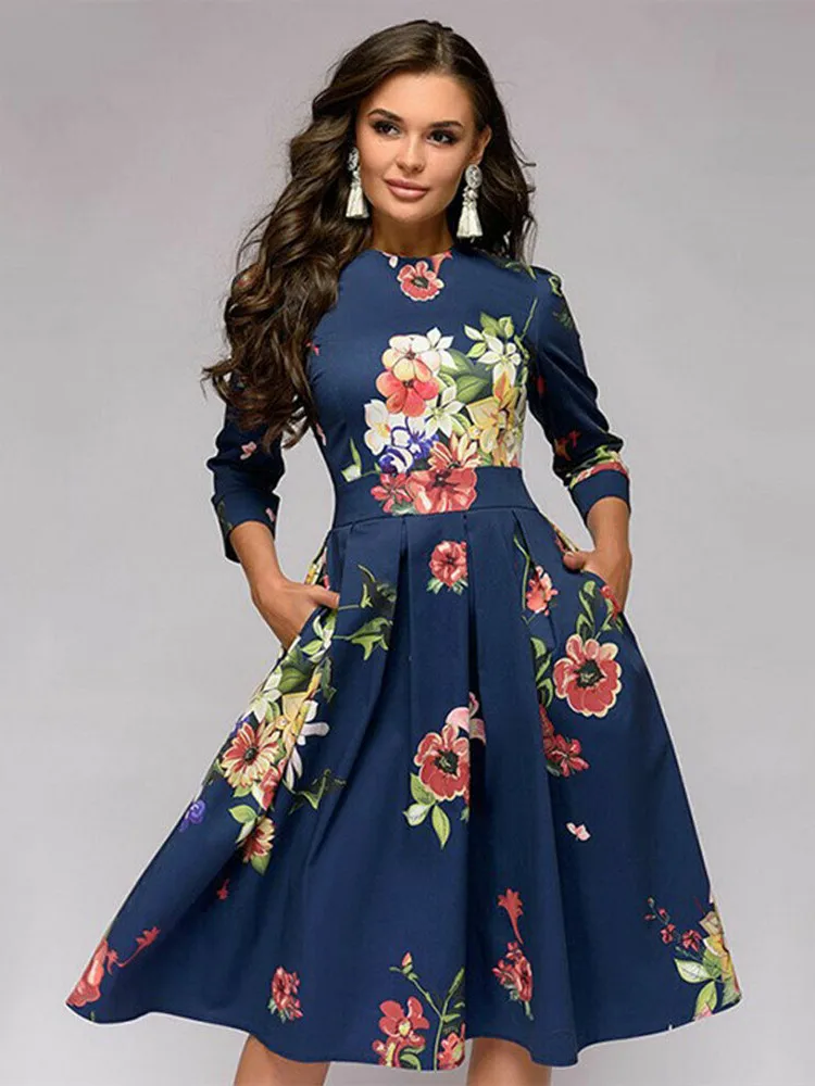 Plisowana tunika sukienka w stylu vintage z długim rękawem Granatowy