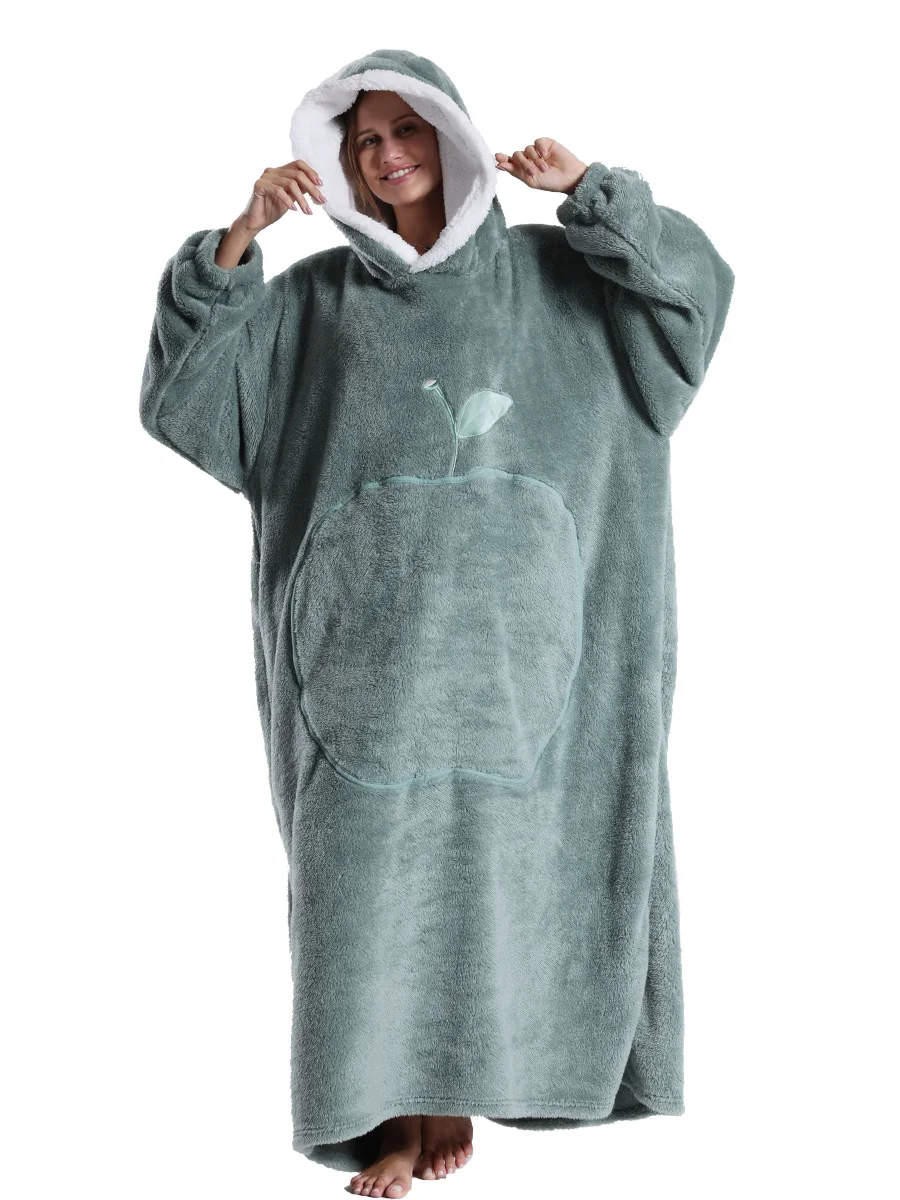 Pluszowa bluza-koc z kapturem oversize na zimę Pole zielone