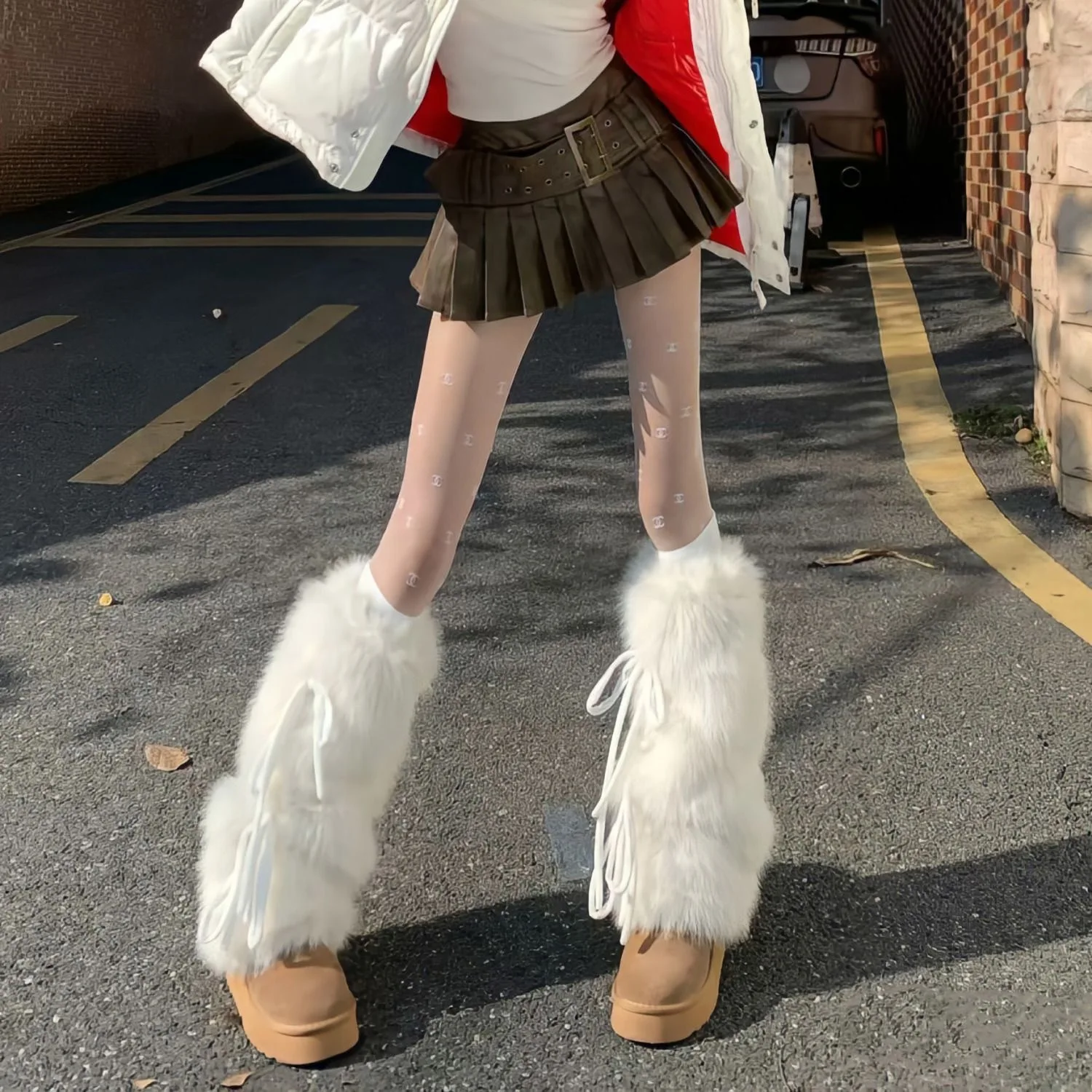 Pluszowe ocieplacze na buty z kokardą Harajuku JK futrzane Czarny