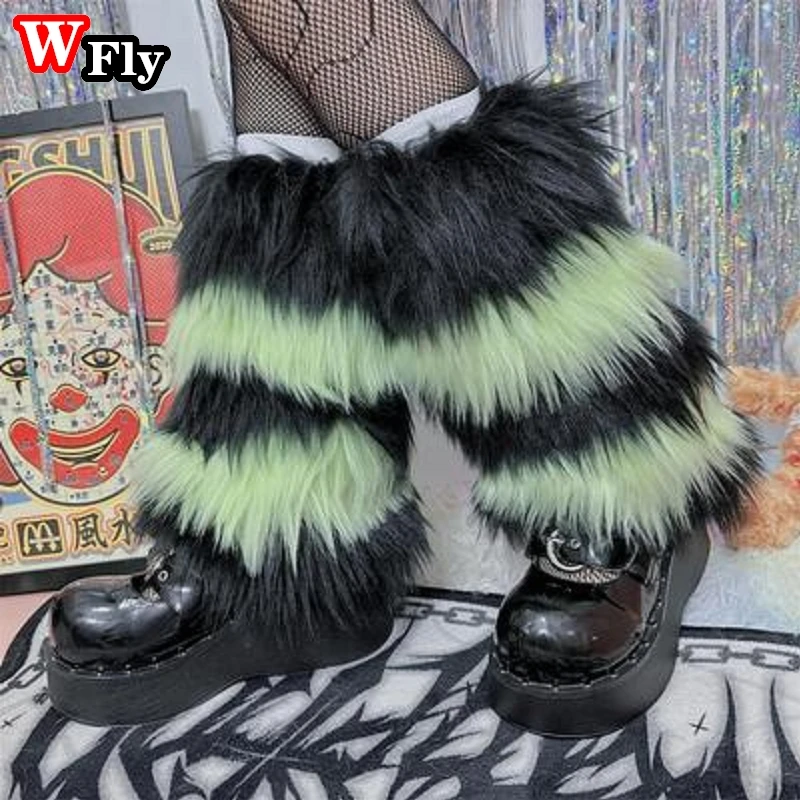 Pluszowe ocieplacze na nogi w paski – Y2K Gothic Punk Zielony