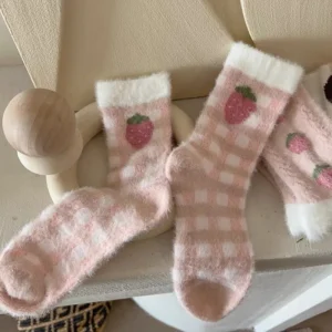 Pluszowe skarpetki domowe w kolorowe paski, miękkie jak norka Różowy