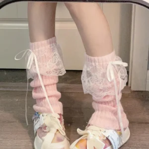 Dziergane podkolanówki Lolita z wstążką Różowy