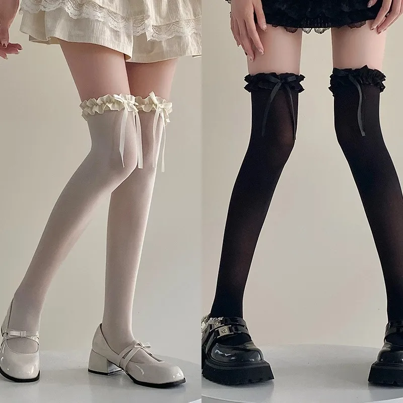Podkolanówki Lolita JK z kokardkami długie do kolan Srebrny