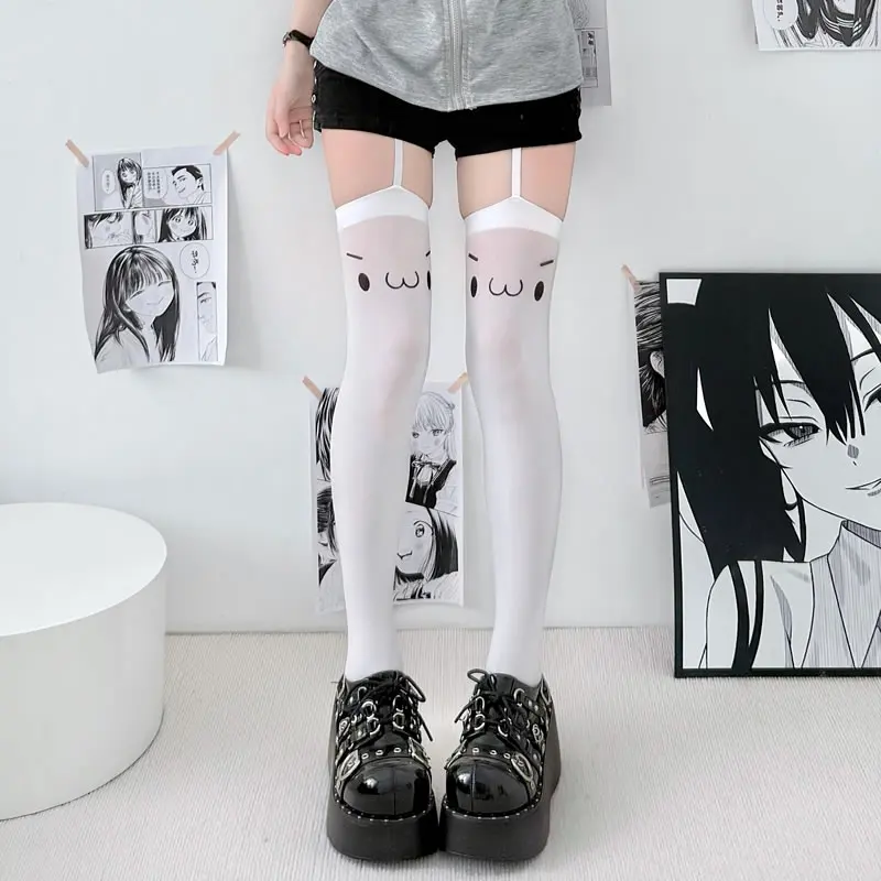 Podkolanówki Lolita z kreskówkami na szelkach Y2K do uda Czarny