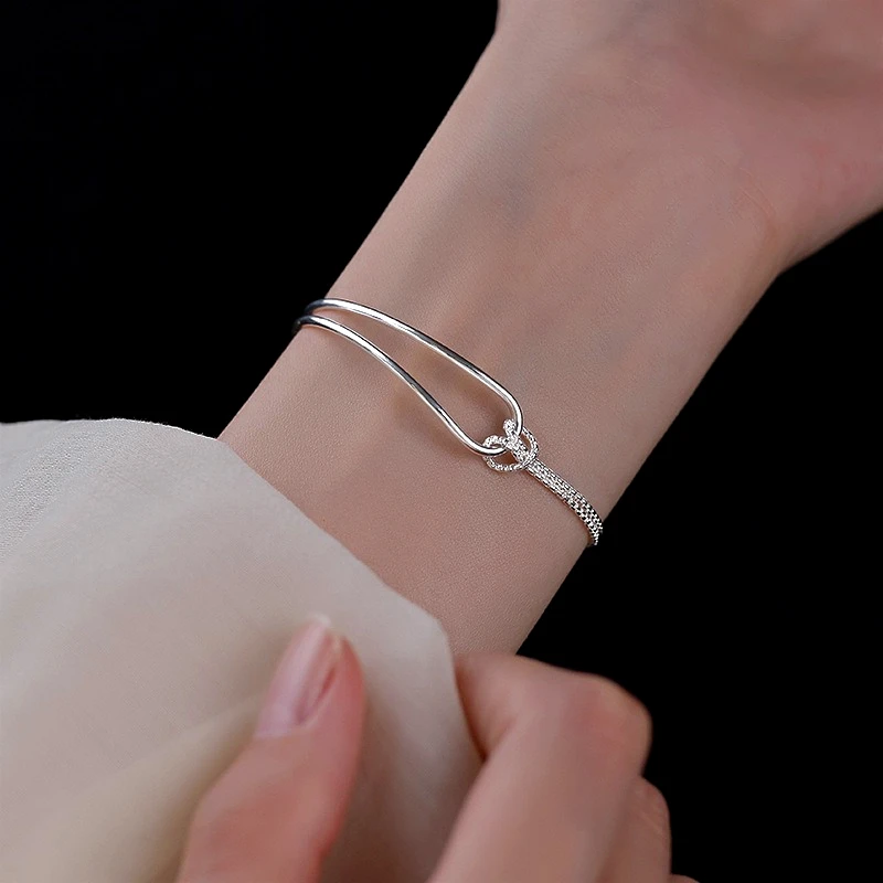 Podwójna bransoletka srebrna 925 — minimalistyczny geometric design Biały