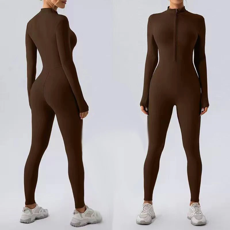 Cienki polarowy kombinezon dresowy damski na zimę Brązowy