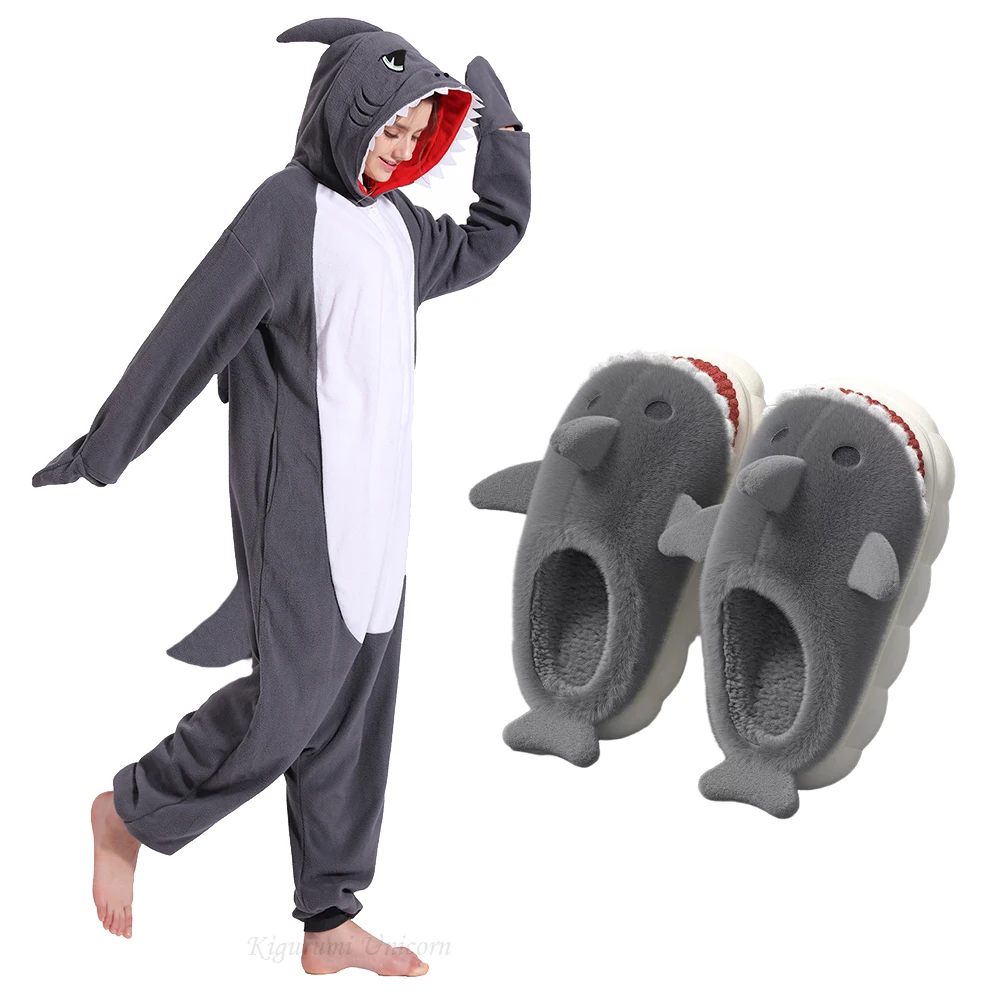 Polarowy kombinezon kigurumi z motywem rekina — ciepła piżama unisex Beżowy