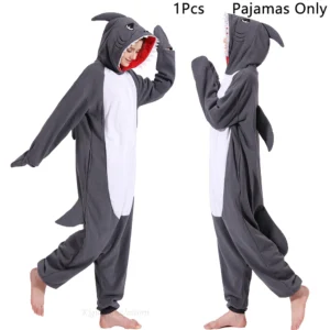 Polarowy kombinezon kigurumi z motywem rekina — ciepła piżama unisex Fuksja