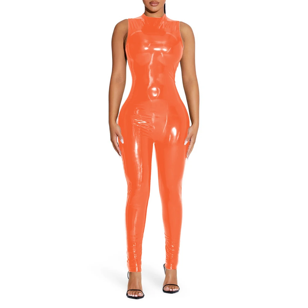 Połyskliwy kombinezon bez rękawów w stylu wet look Pomarańczowy