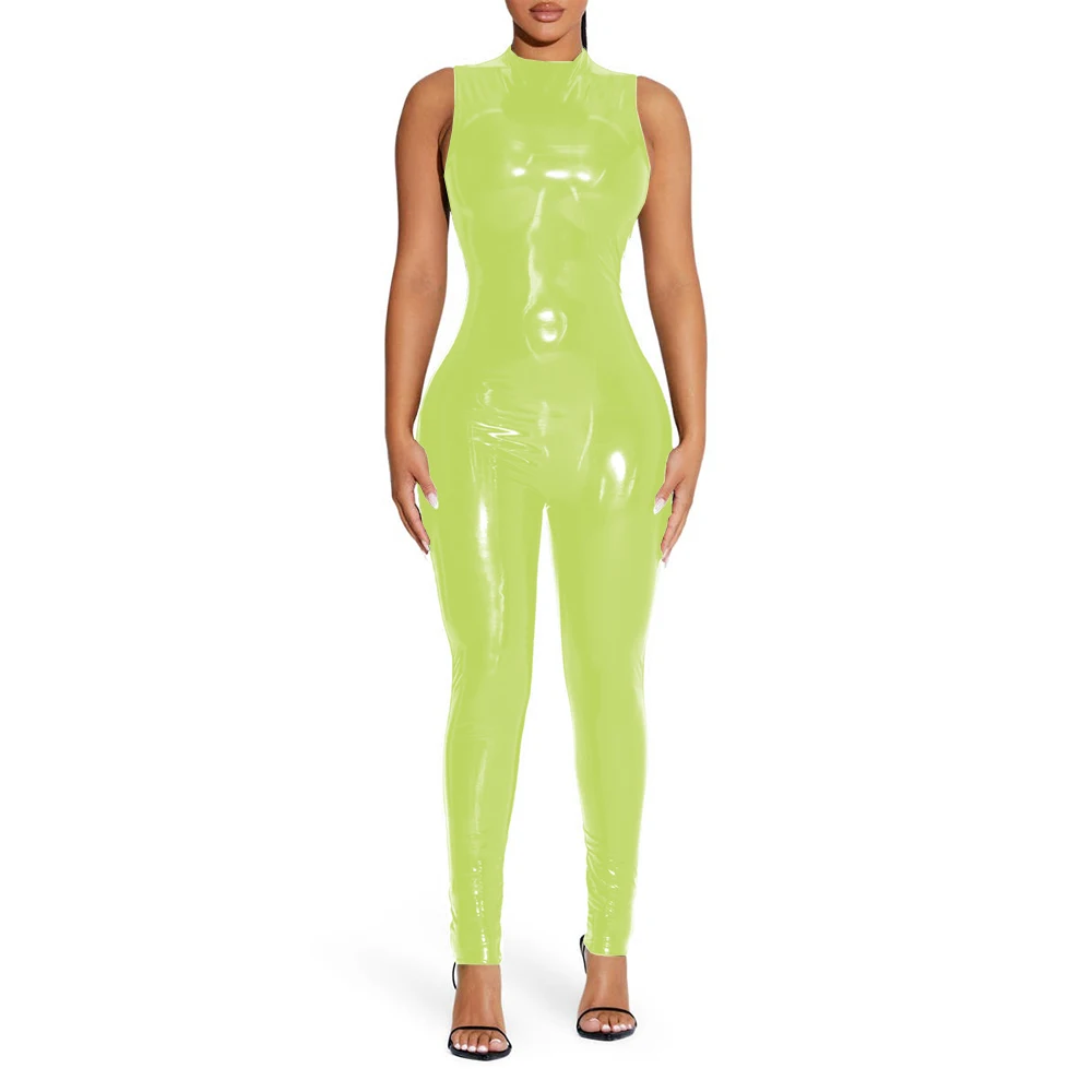 Połyskliwy kombinezon bez rękawów w stylu wet look Zielony fluorescencyjny