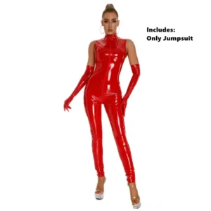 Seksowny połyskujący kombinezon catsuit z rękawiczkami Szary