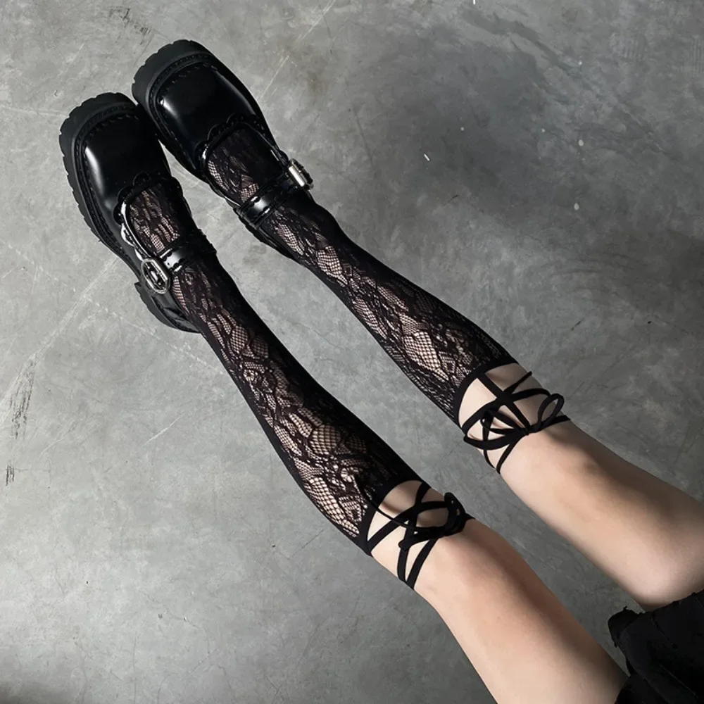 Siateczkowe pończochy overknee z koronką, styl gothic punk Zielony