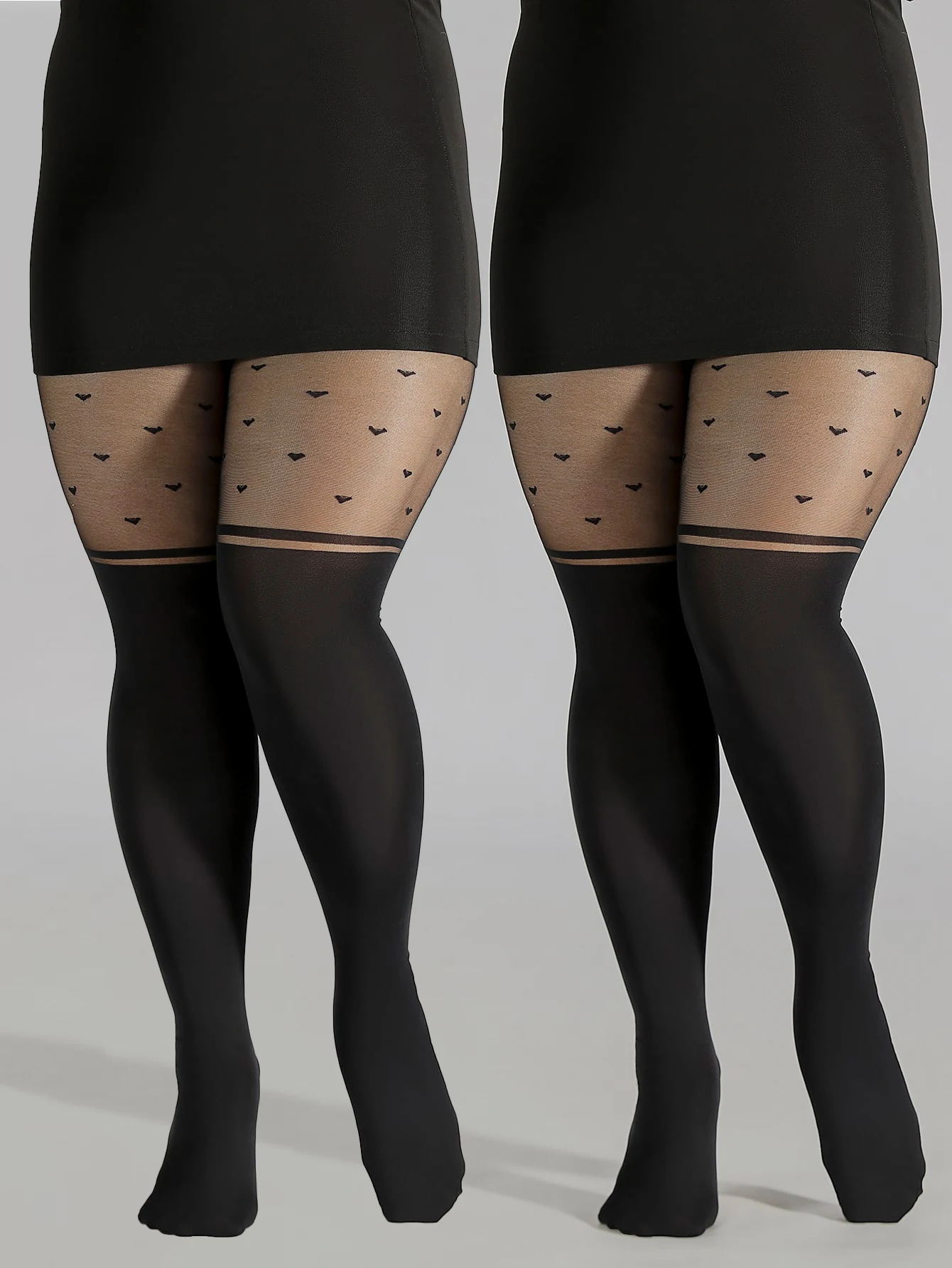 Pończochy Plus Size z sercem żakardowym – czarne kolorowe bloki Ciemnoszary