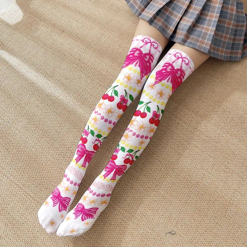 Pończochy do uda Lolita kawaii z jednorożcem Fuksja