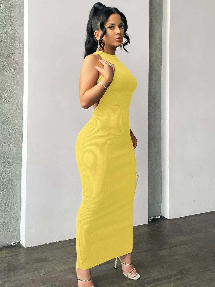 Prążkowana mini sukienka bodycon z odkrytymi plecami żółty