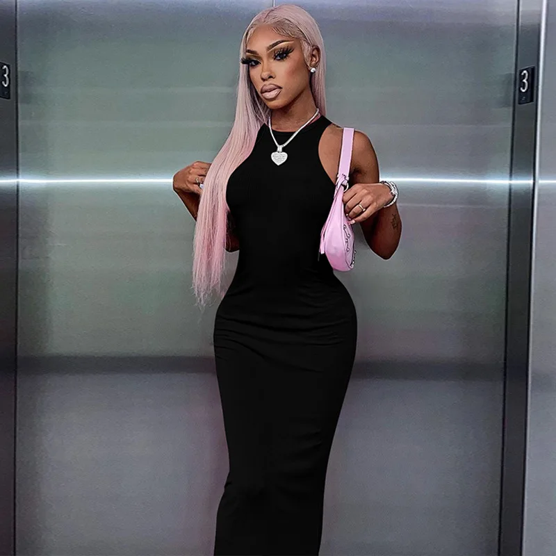 Prążkowana sukienka maxi bodycon dla kobiet Czarny