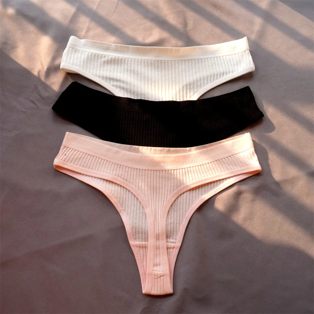 Bawełniane prążkowane stringi damskie zestaw 3 sztuki plus size Beżowy