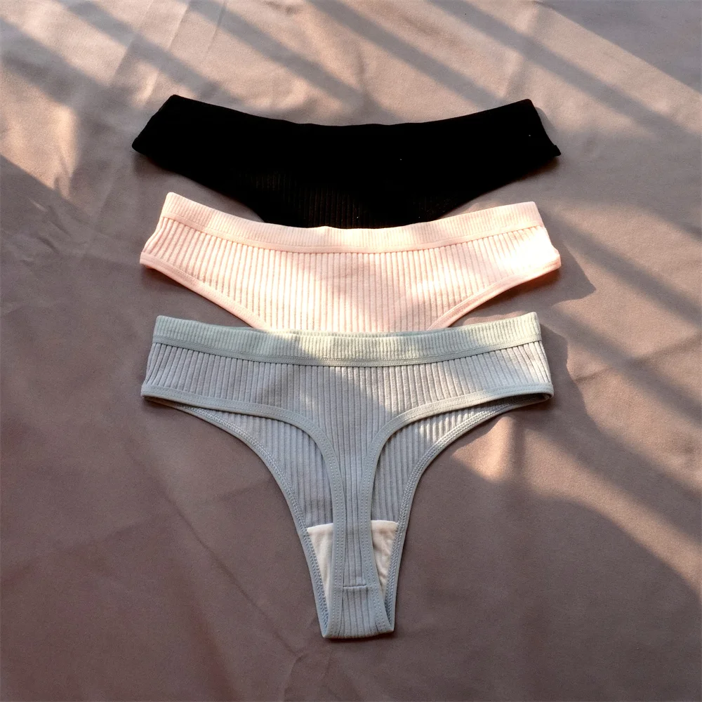 Bawełniane prążkowane stringi damskie zestaw 3 sztuki plus size Brązowy