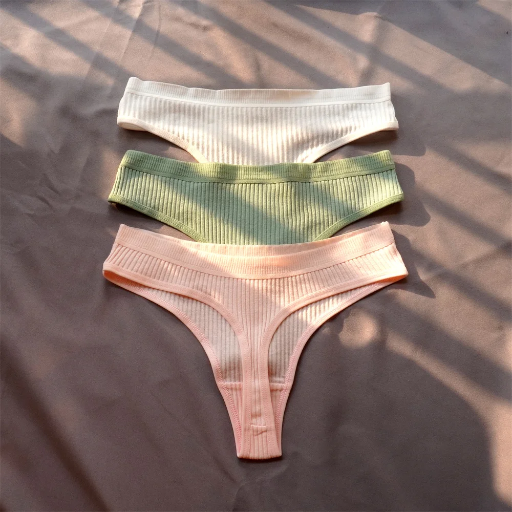 Bawełniane prążkowane stringi damskie zestaw 3 sztuki plus size Khaki