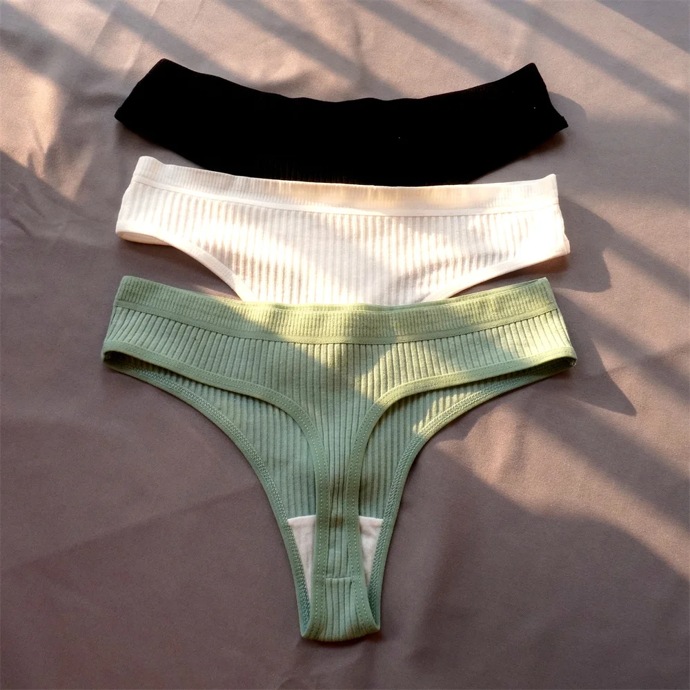 Bawełniane prążkowane stringi damskie zestaw 3 sztuki plus size Niebieski