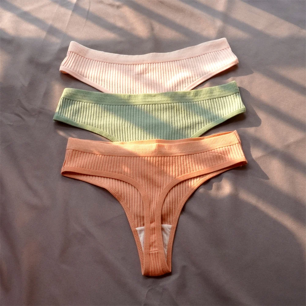 Bawełniane prążkowane stringi damskie zestaw 3 sztuki plus size Pomarańczowy