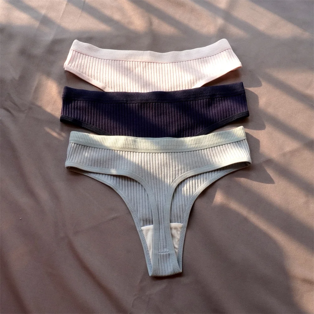 Bawełniane prążkowane stringi damskie zestaw 3 sztuki plus size Różowy