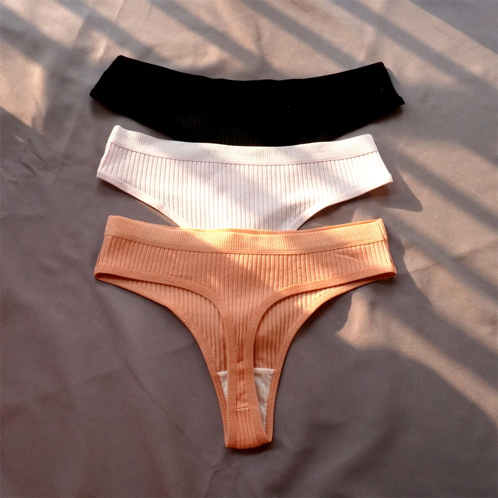 Bawełniane prążkowane stringi damskie zestaw 3 sztuki plus size Złoto