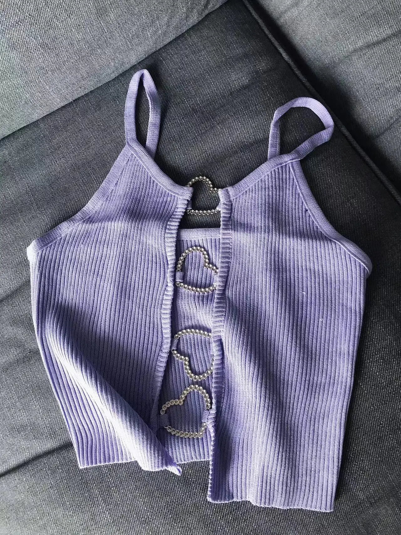 Prążkowany crop top na ramiączkach z dekoltem na plecach Fioletowy