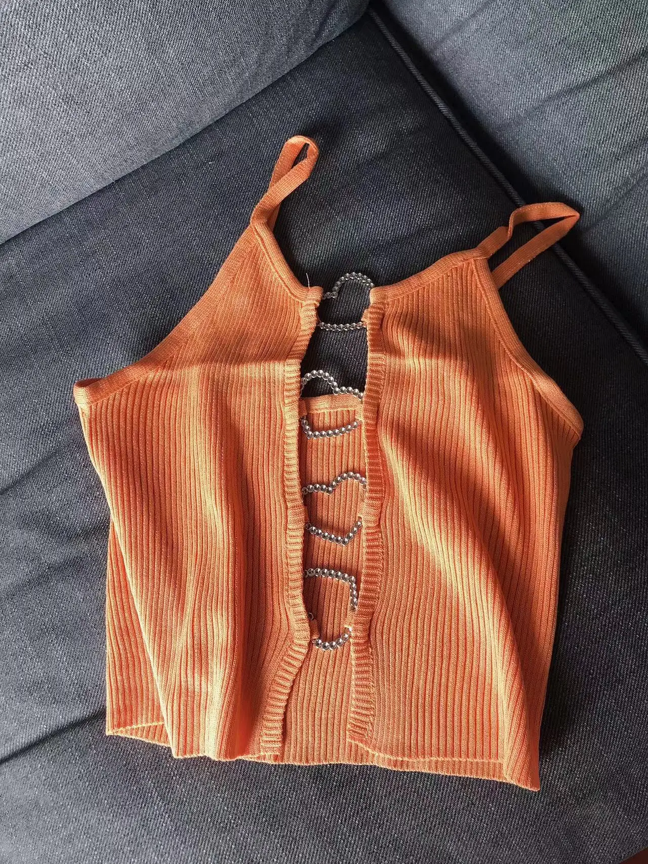 Prążkowany crop top na ramiączkach z dekoltem na plecach Pomarańczowy