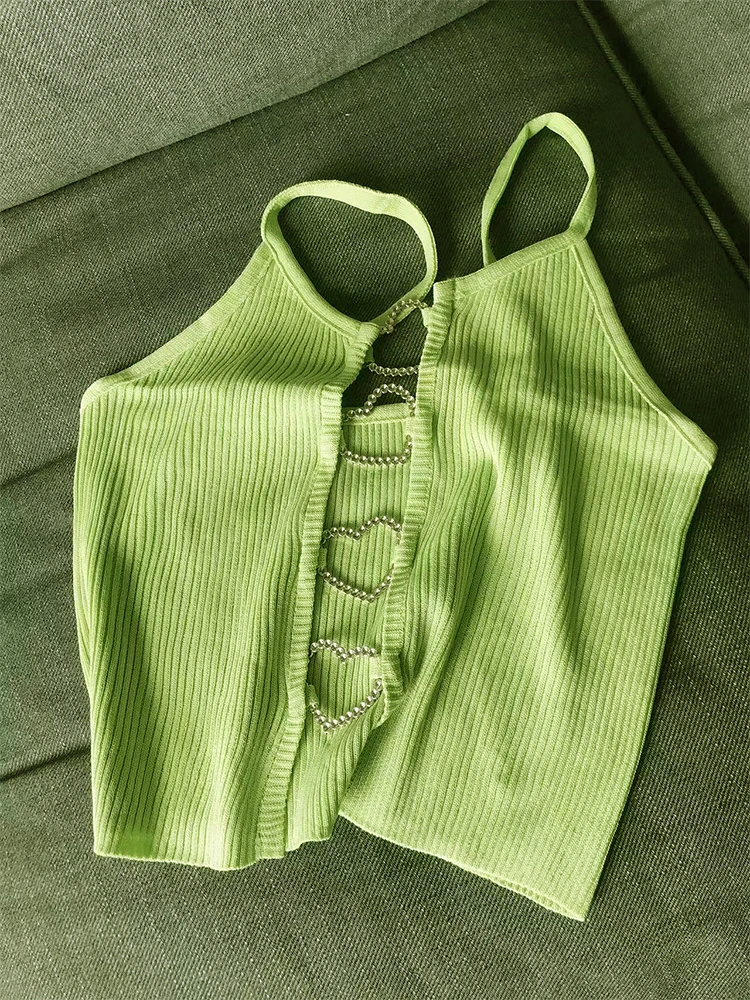 Prążkowany crop top na ramiączkach z dekoltem na plecach Zielony