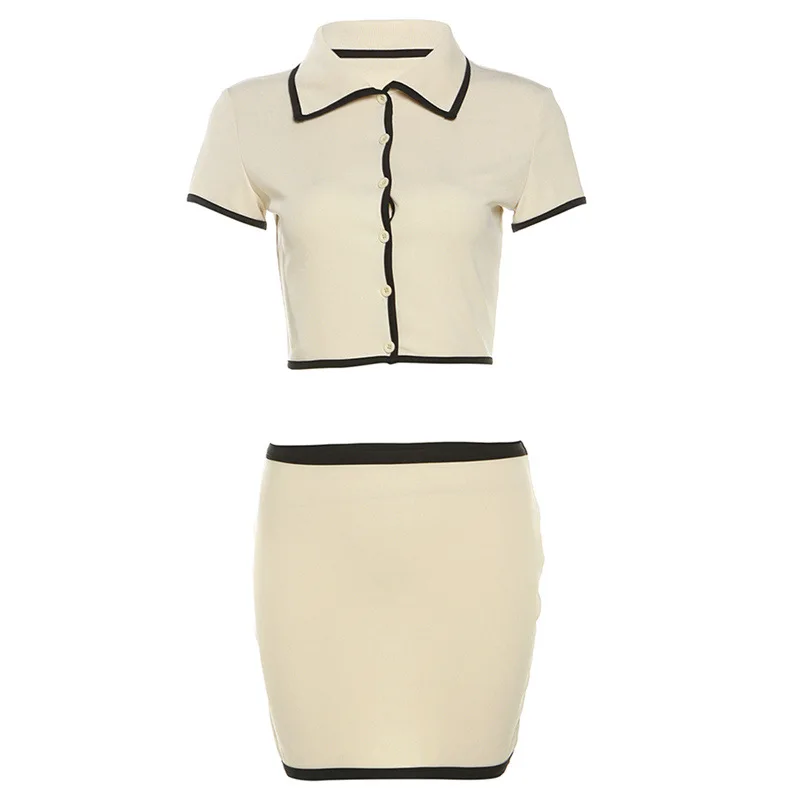 Prążkowany komplet: top polo, szorty i spódniczka mini Khaki