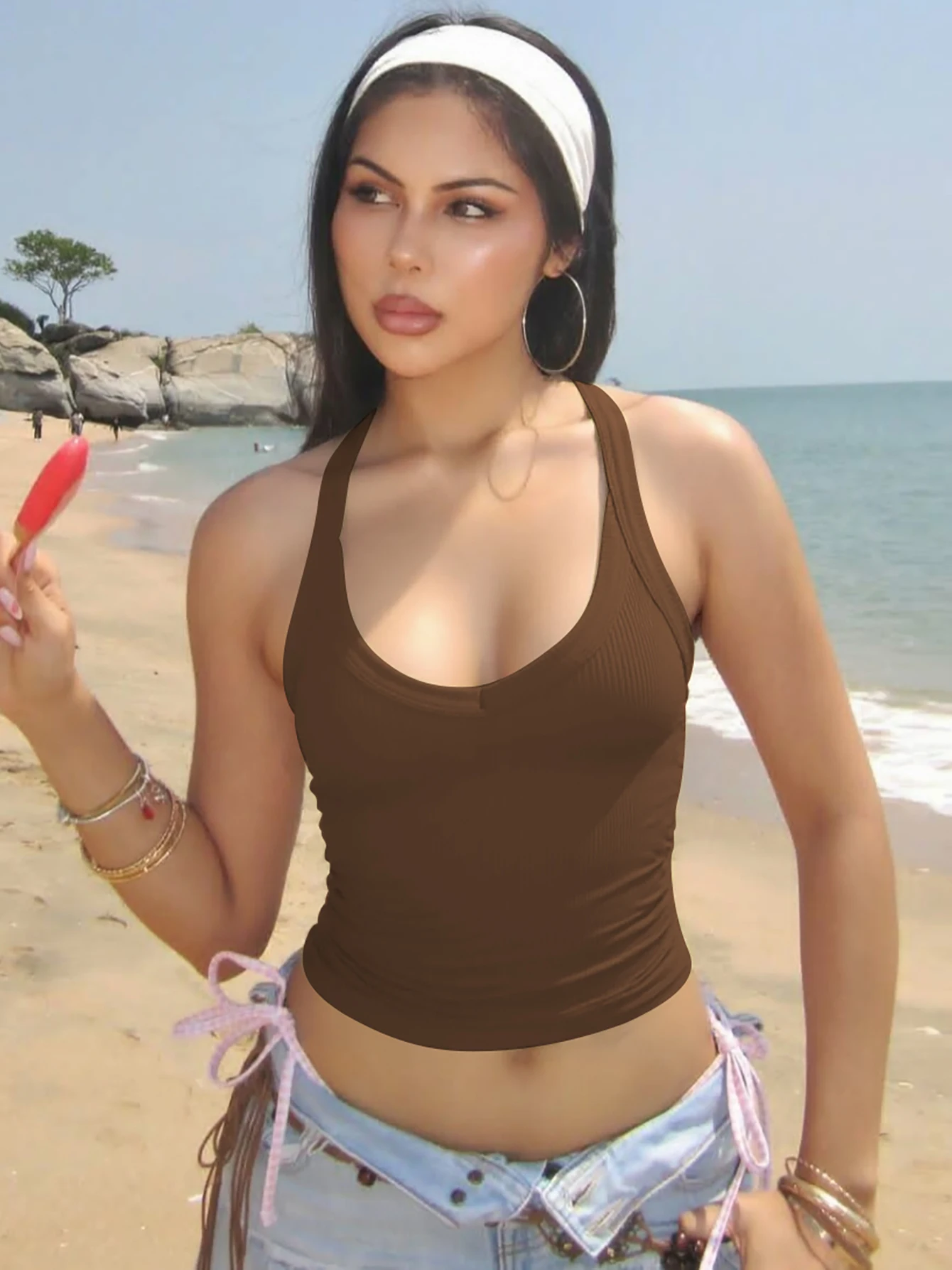Prążkowany top halter bez pleców Y2K casual plażowy Brązowy