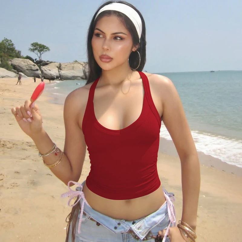 Prążkowany top halter bez pleców Y2K casual plażowy Czerwony