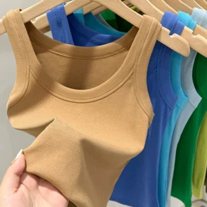 Prążkowany top na ramiączkach z okrągłym dekoltem basic elastyczny Khaki