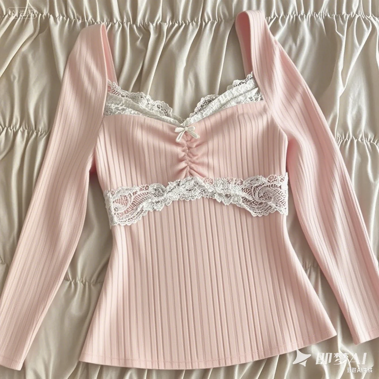 Prążkowany crop top z koronką w stylu coquette Fioletowy