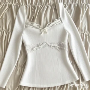Prążkowany crop top z koronką w stylu coquette Pomarańczowy
