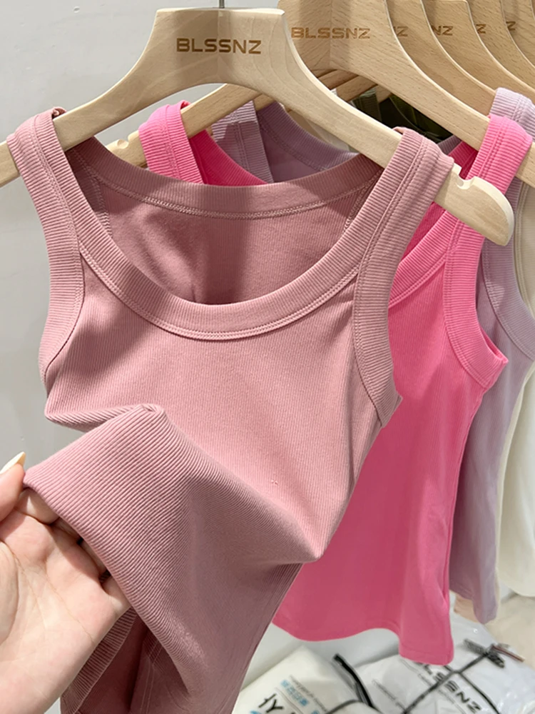 Prążkowany top na ramiączkach damski basic Różowy