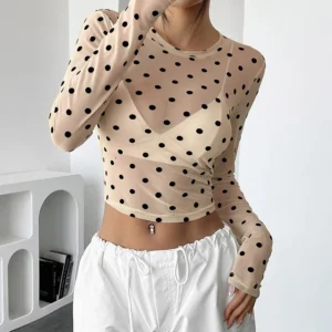 Prześwitująca bluzka siateczkowa w grochy crop top Y2K Beżowy