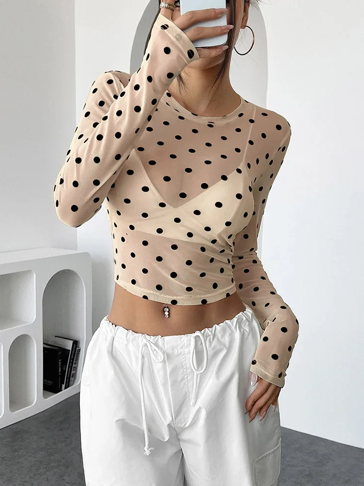 Prześwitująca bluzka siateczkowa w grochy crop top Y2K Beżowy