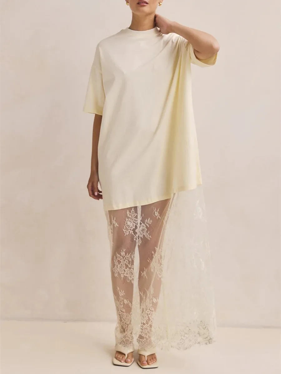 Przezroczysta koszula nocna maxi z koronką babydoll Y2K streetwear Beżowy