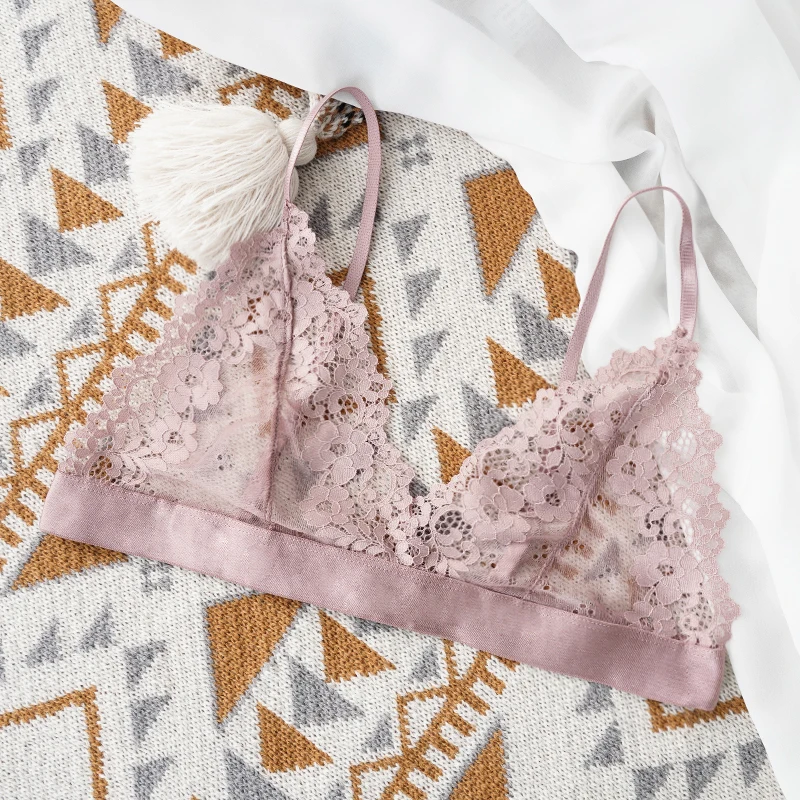 Przezroczysty koronkowy biustonosz bralette bez podszewki Beżowy