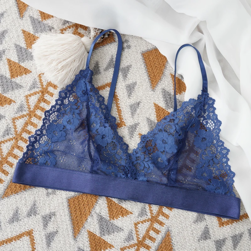 Przezroczysty koronkowy biustonosz bralette bez podszewki Niebieski